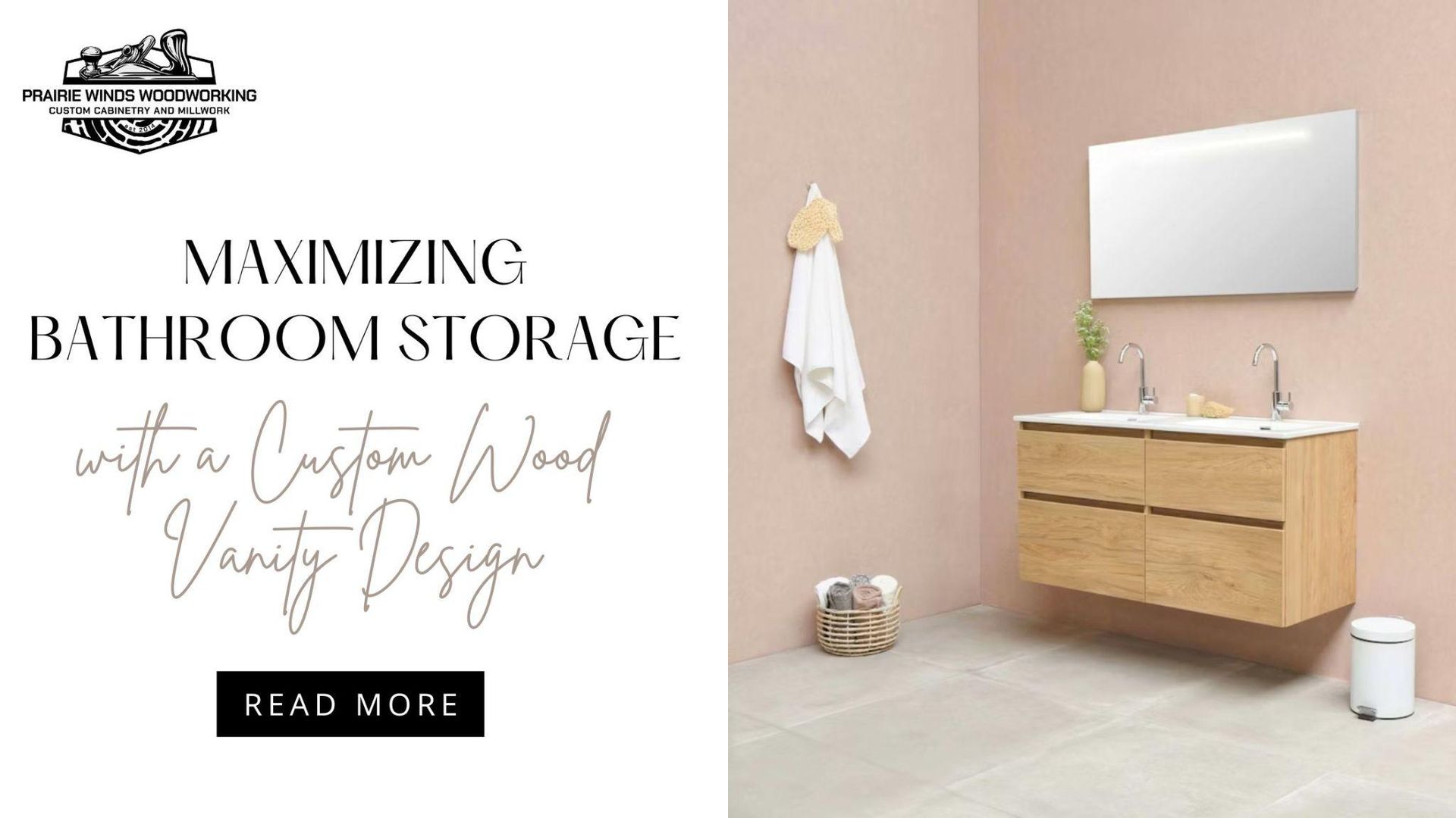 Promotional graphic for Prairie Winds Woodworking featuring a modern floating wood bathroom vanity w