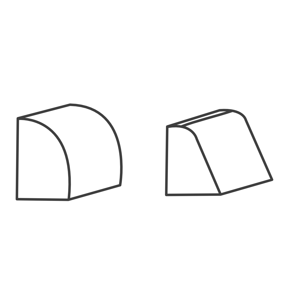 Base shoe and base caps. One has a curved top, the other an angled top.