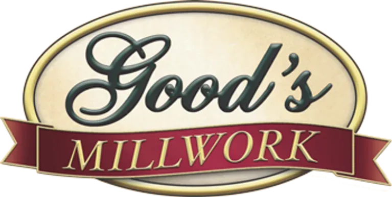 A logo for good 's millwork with a red ribbon