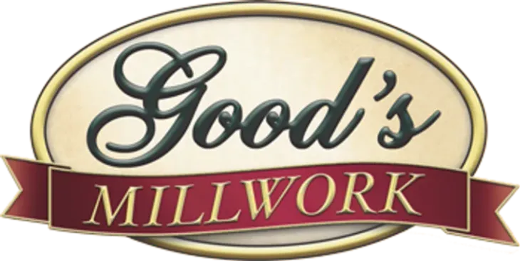 A logo for good 's millwork with a red ribbon