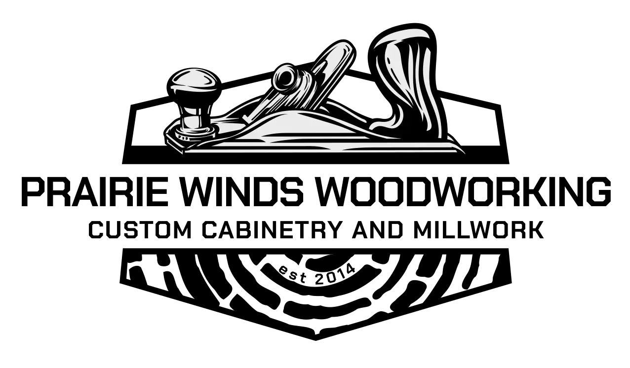 A black and white logo for prairie winds woodworking custom cabinetry and millwork.