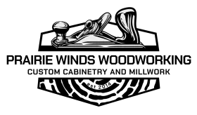 A black and white logo for prairie winds woodworking custom cabinetry and millwork.