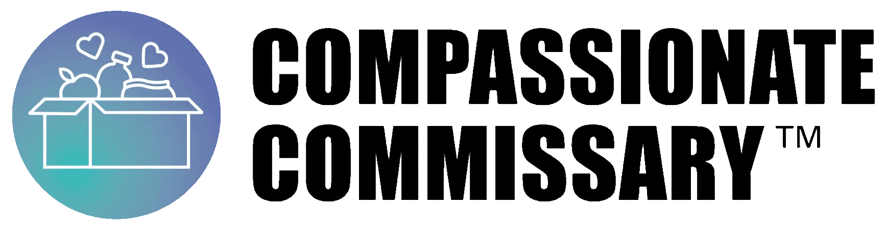 A logo for compassionate commissary tm with a box and hearts in a circle.