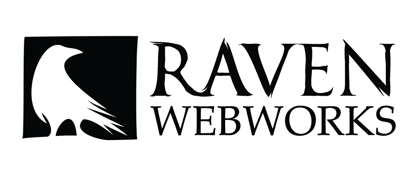 A black and white logo for raven webworks with a bird on it.