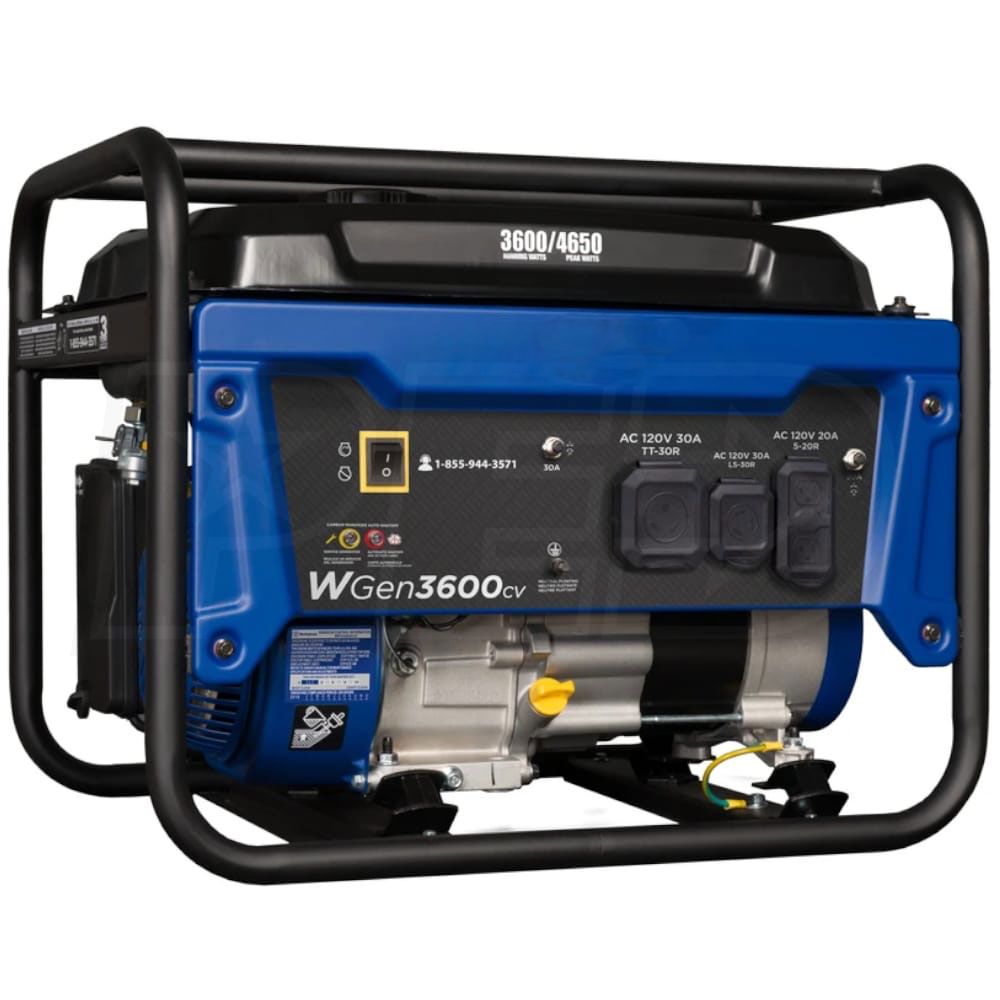 A blue and black generator with a black frame on a white background.