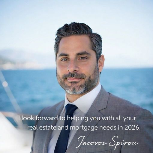 Professional headshot of Jacovos Spirou in a suit with a sea background and overlaid text about real estate services.