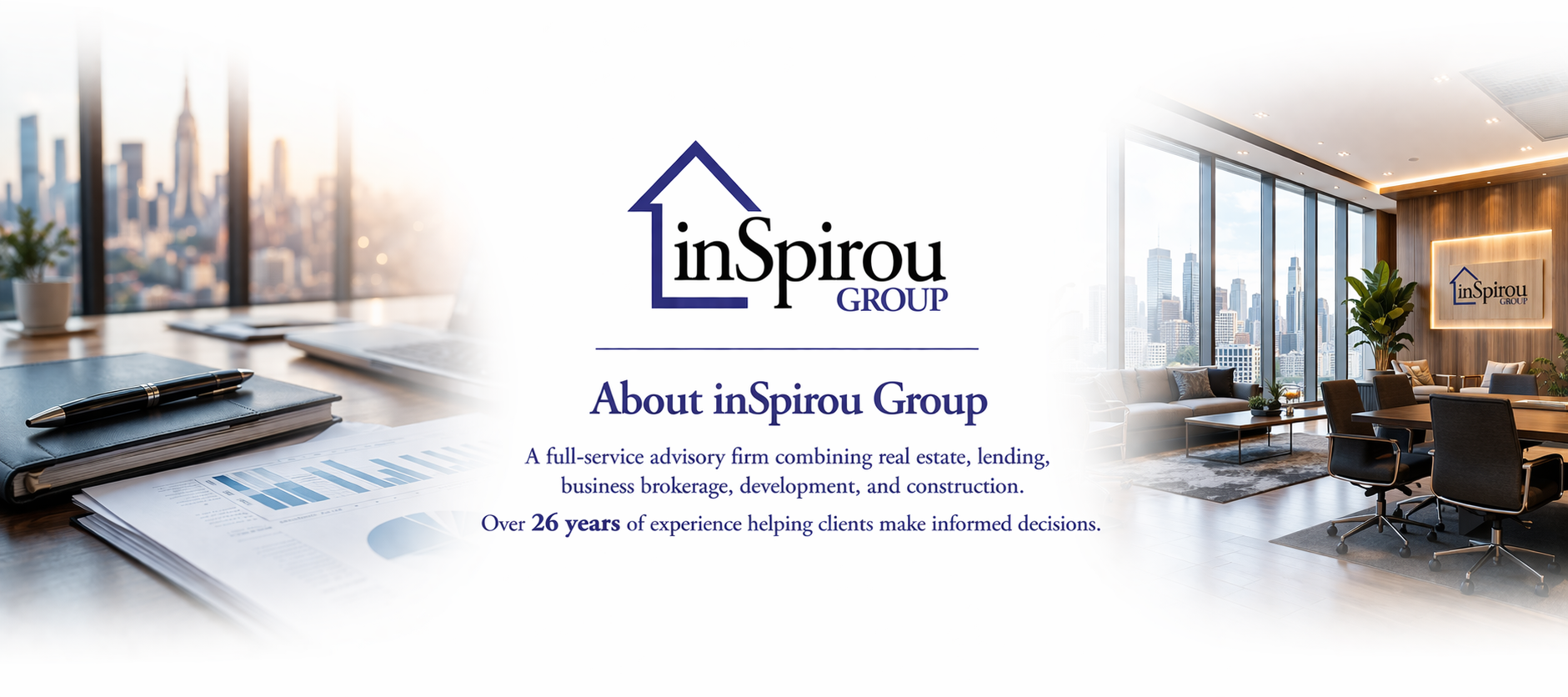 Logo and text for inSpirou Group, a business services firm, set against a backdrop of office desk and conference room.