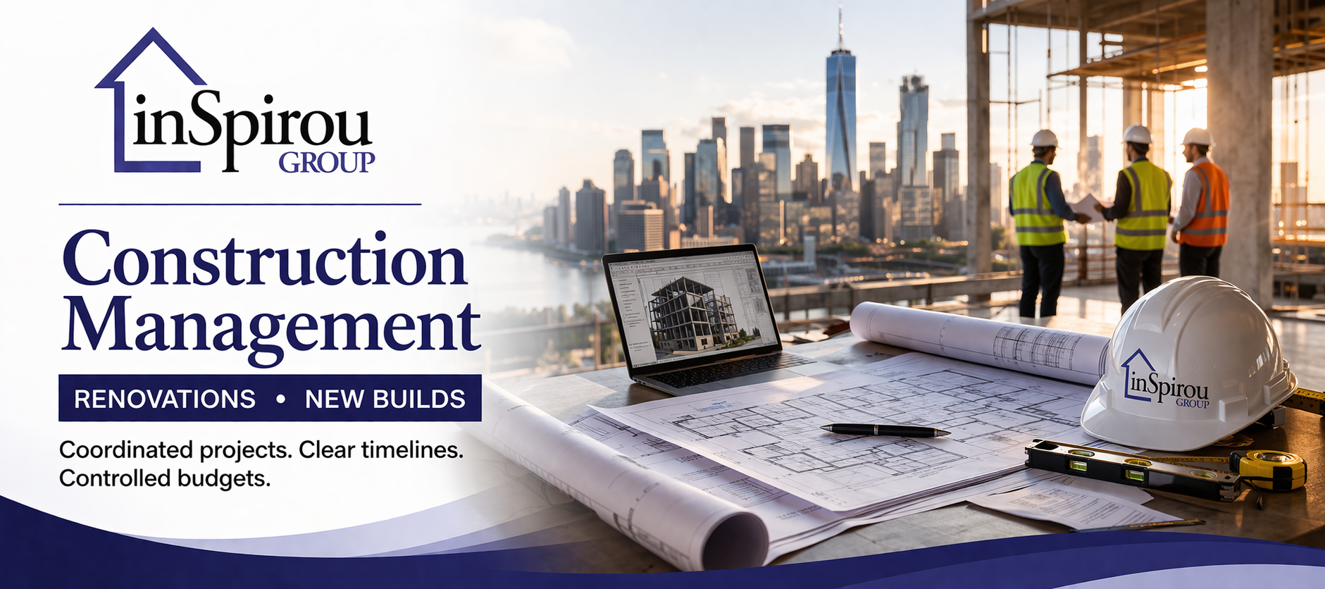 Construction management ad showing blueprints and a hard hat with a city skyline and construction workers in the background.