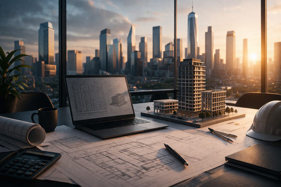 Architectural workspace with blueprints, a laptop, and a building model overlooking a sunlit city skyline.