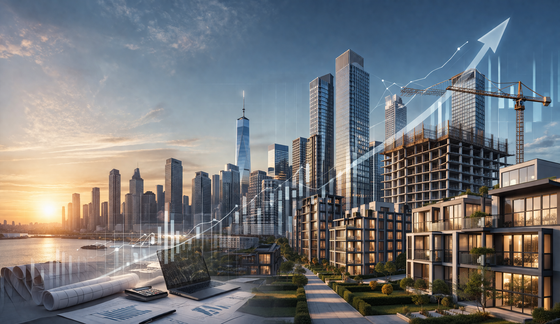 A golden-hour skyline features high-rise construction, overlaid with a glowing upward-trending stock chart and arrow.
