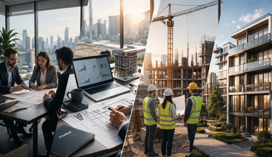A split image showing professionals planning in an office on the left and construction workers at a building site on the right.