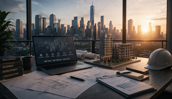 Architect's desk with a laptop, model building, and blueprints overlooking a city skyline at sunset.