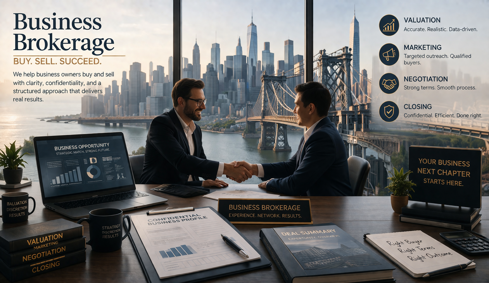 Two business professionals shake hands across a desk in a high-rise office overlooking a city skyline.