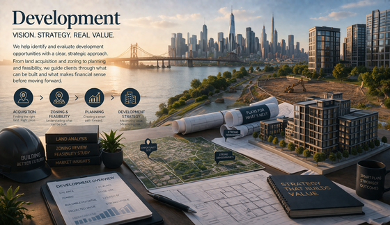 An architectural planning desk with a scale model, blueprints, and a city skyline view, themed around real estate development.