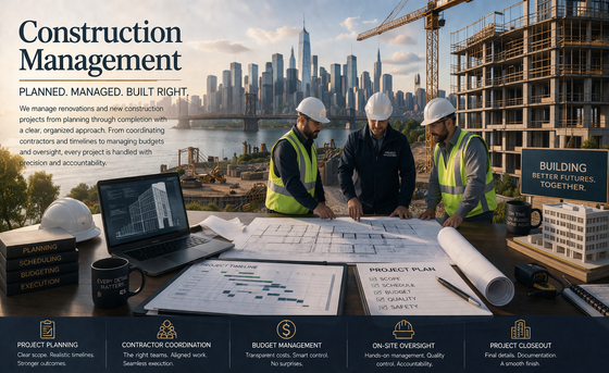 Three construction managers in hard hats review blueprints at an outdoor table overlooking a city skyline.