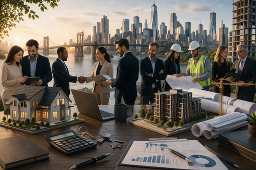 Professionals in business attire and safety gear discuss architecture models and blueprints before a city skyline.