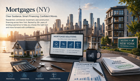 A laptop on a wooden desk displaying mortgage services, with a house model, calculator, and NYC skyline in the background.