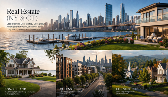 A real estate advertisement featuring luxury homes, city skylines in New York, and landscapes in Connecticut.
