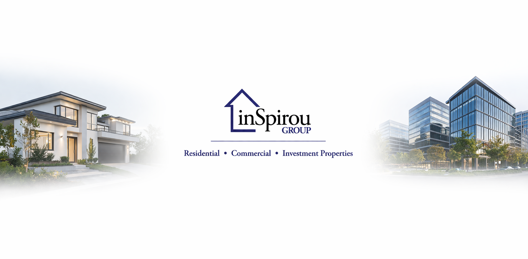 A logo for inSpirou Group featuring a house icon, text, and images of a suburban home and modern office building.