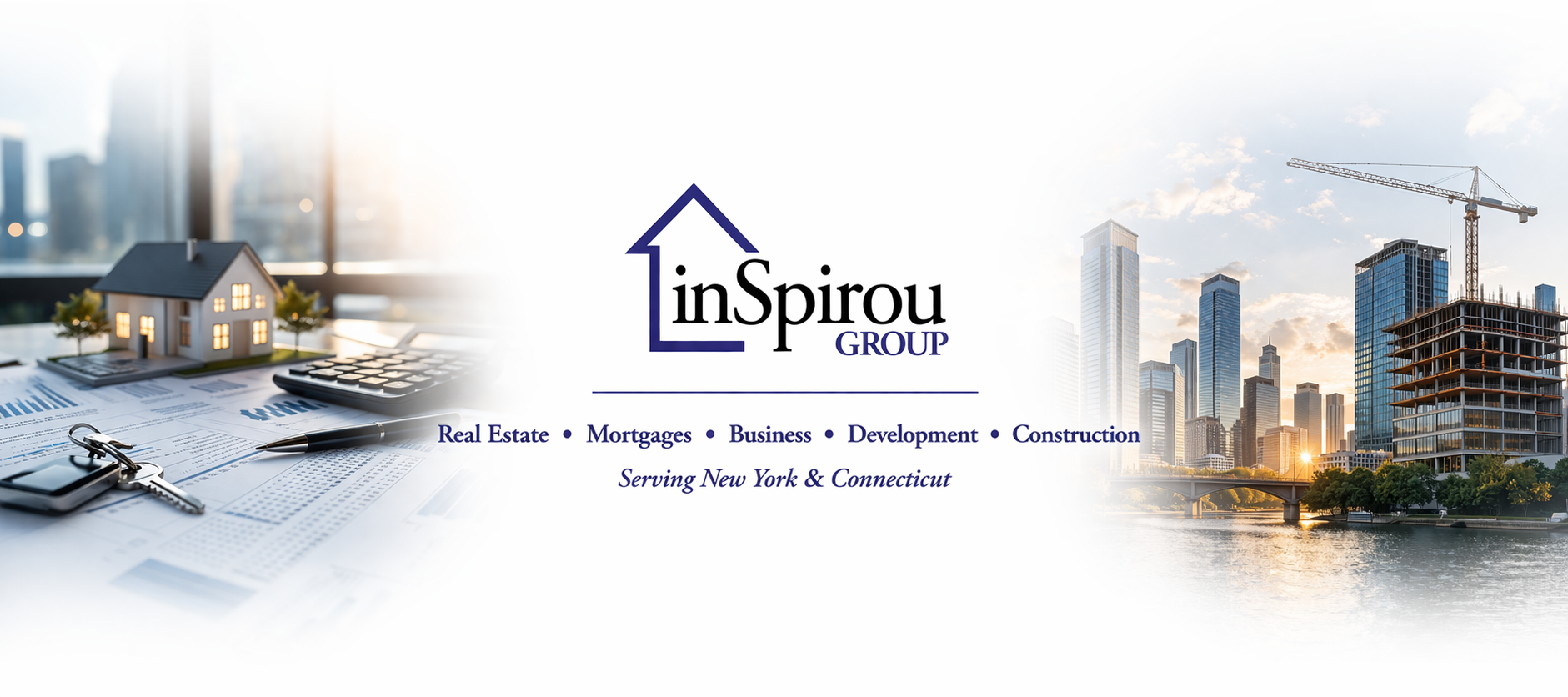 Logo for InSpirou Group flanked by a model home on the left and a city construction site on the right.