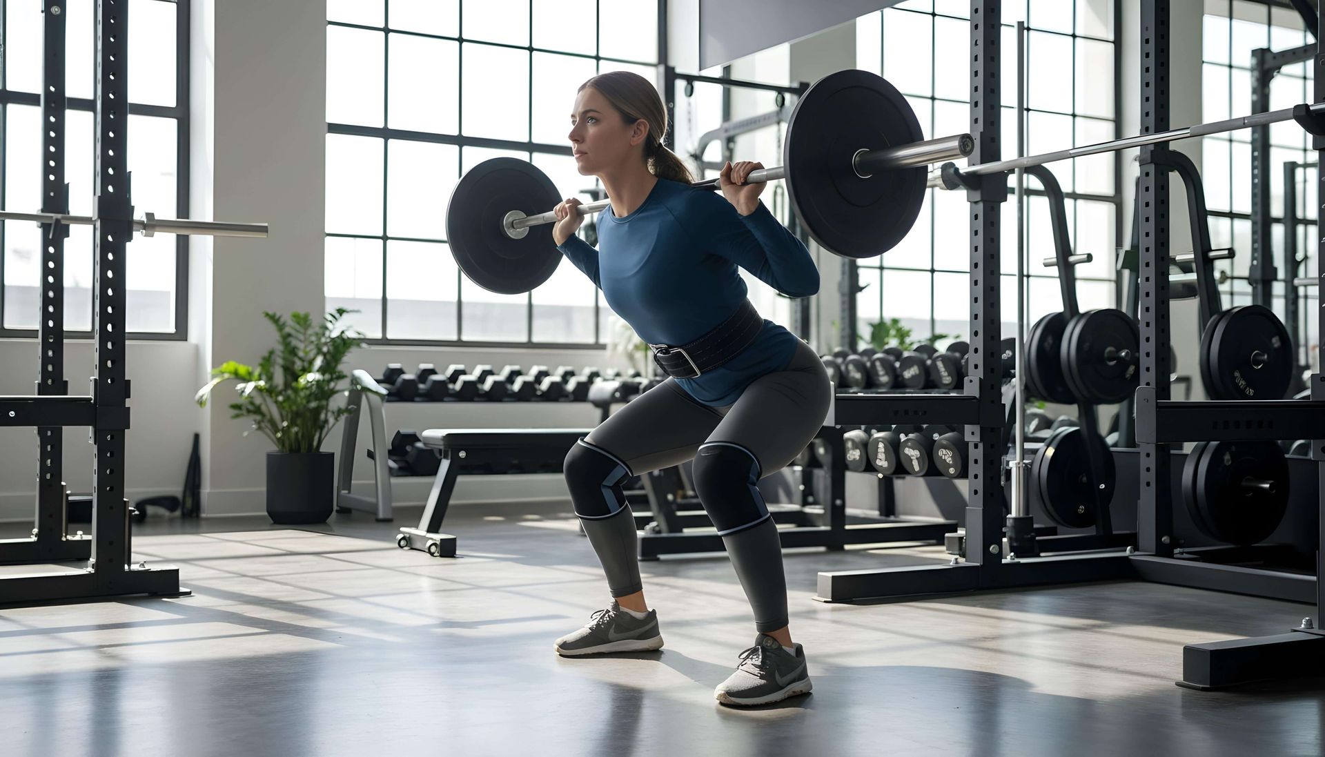 Mujer en el gimnasio haciendo sentadillas con barra. Lleva ropa deportiva y rodilleras, en un rack de sentadillas.