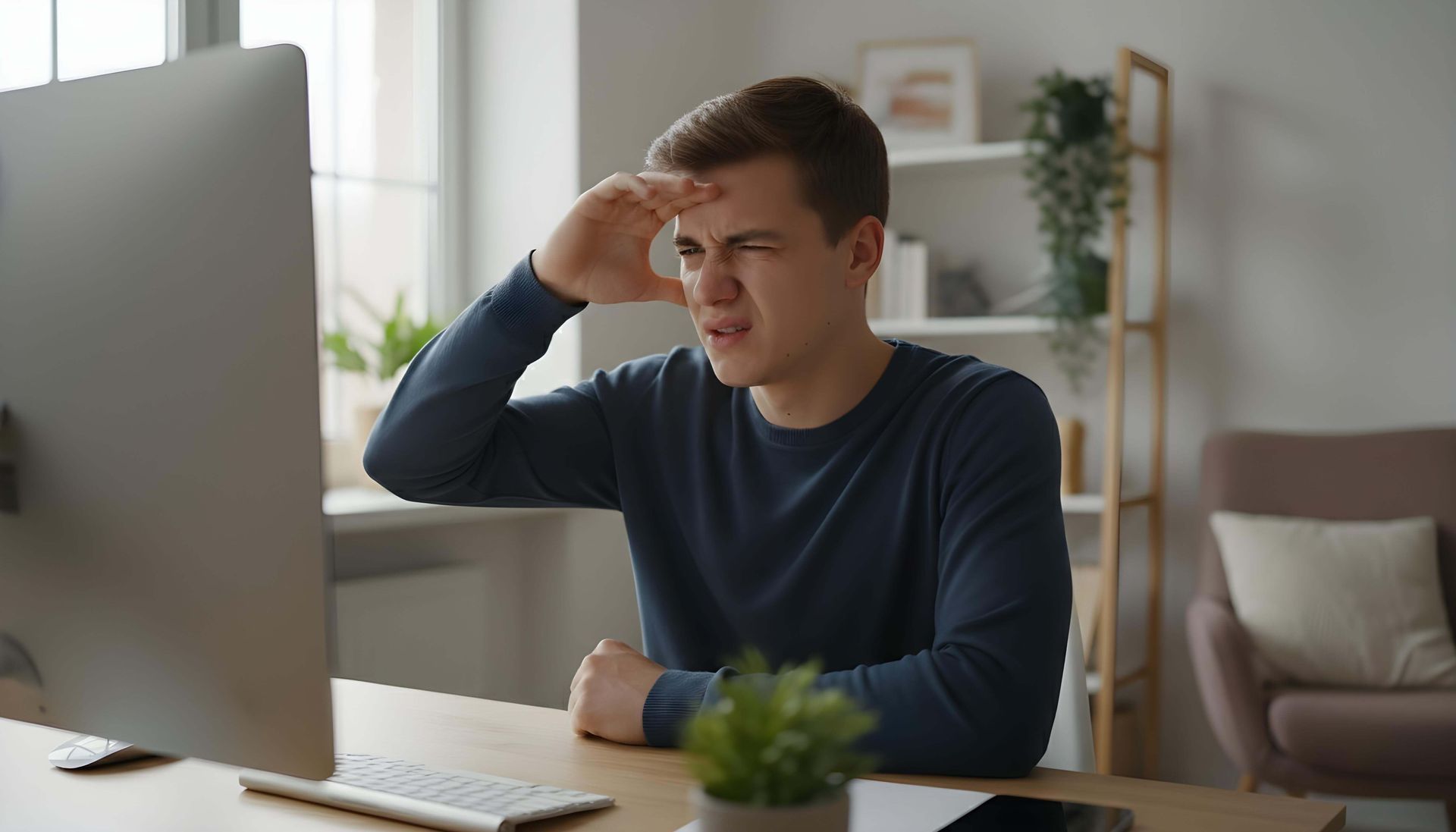 Hombre entrecerrando los ojos ante la pantalla de un ordenador, con la mano en la frente y expresión de frustración.