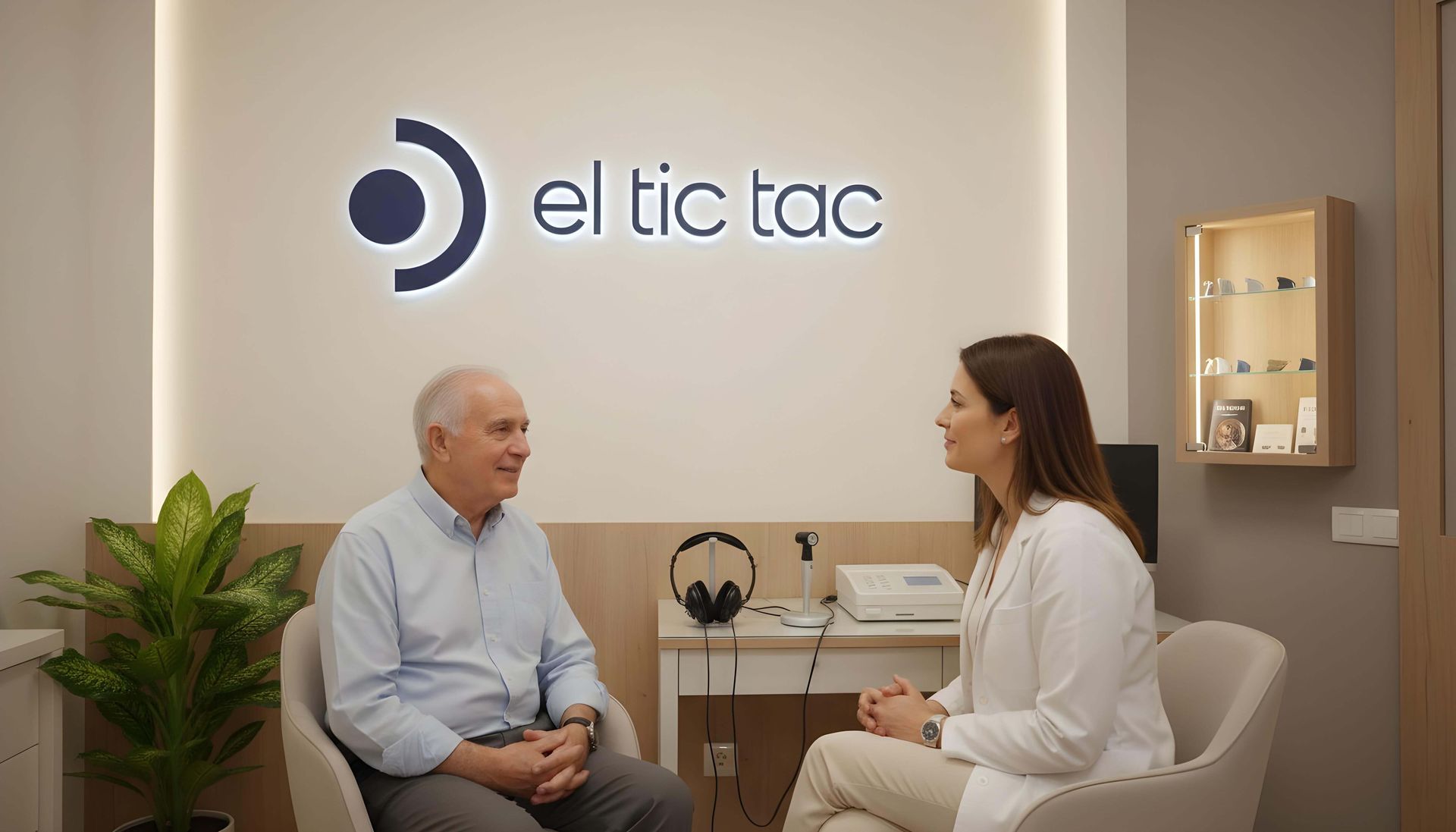 Un hombre consulta con un especialista en audición en una clínica.
