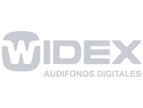 Logotipo de Widex con texto gris y una "W" estilizada dentro de un cuadrado redondeado, "AUDIFONOS DIGITALES" debajo.