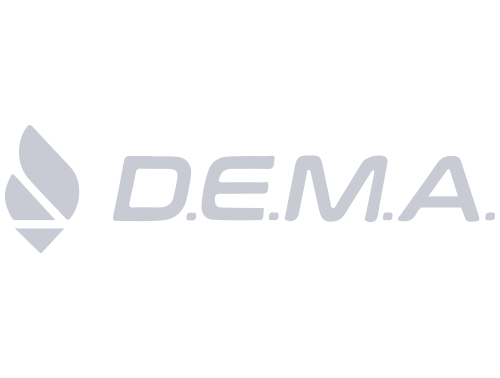 Logotipo con forma de hoja estilizada y el texto "DEMA".