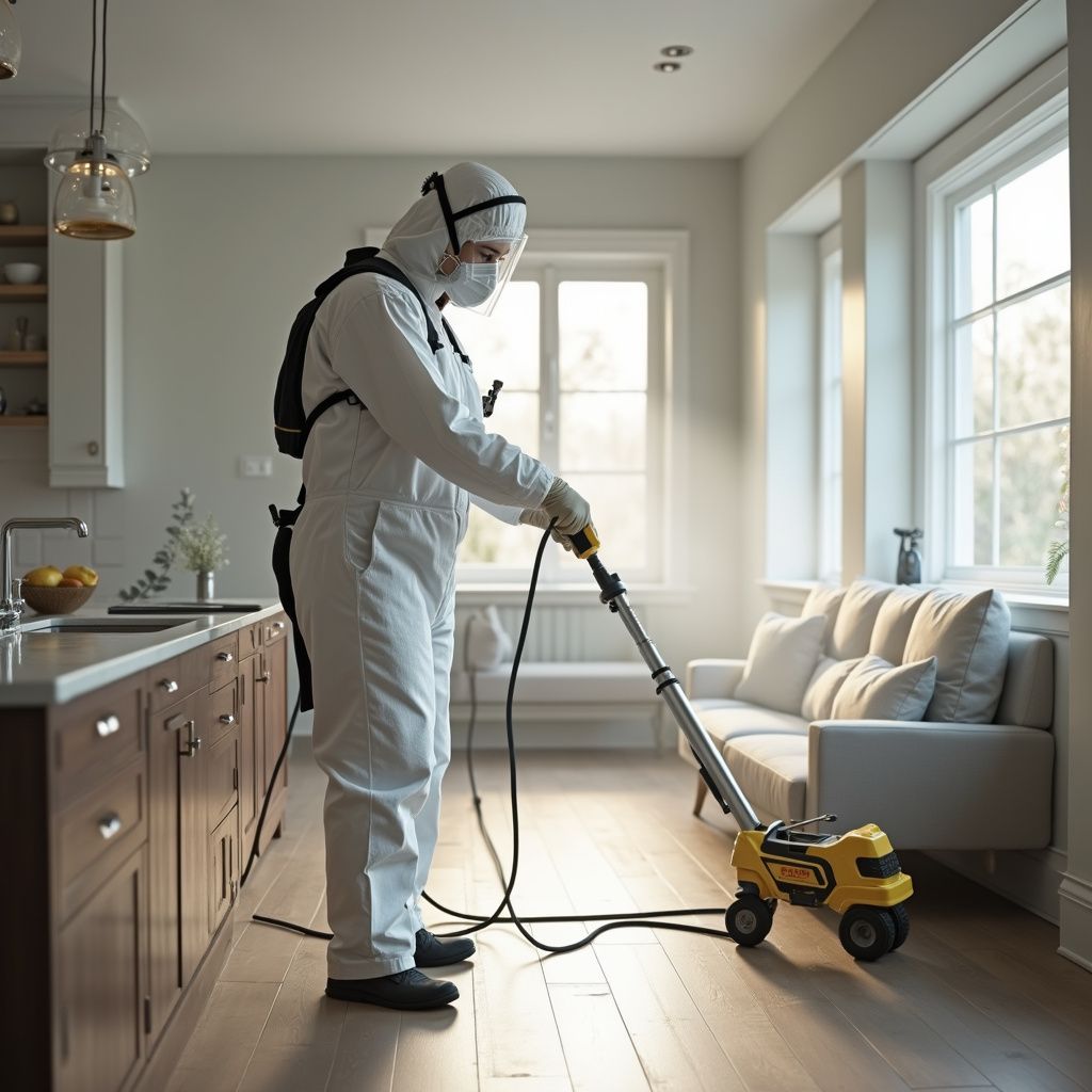 Person in protective suit disinfecting a kitchen floor with a motorized sprayer.