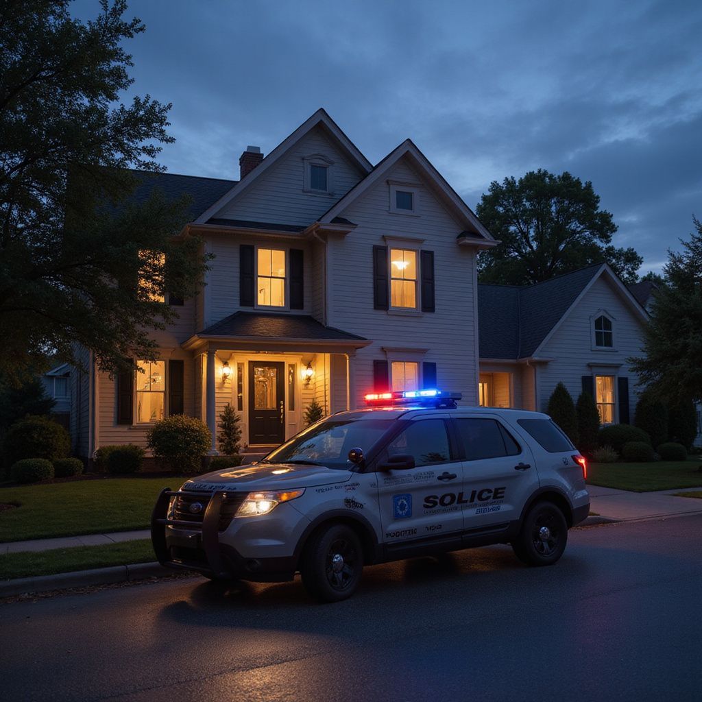 Police SUV with flashing lights parked in front of a two-story house at dusk.