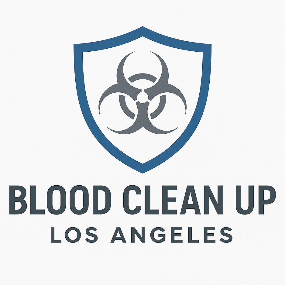 Logo for Blood Clean Up Los Angeles, a shield with biohazard symbol.