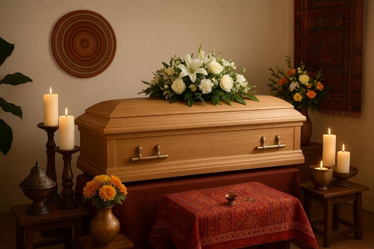 Casket with lilies, candles, and cultural decor in a serene funeral setting.