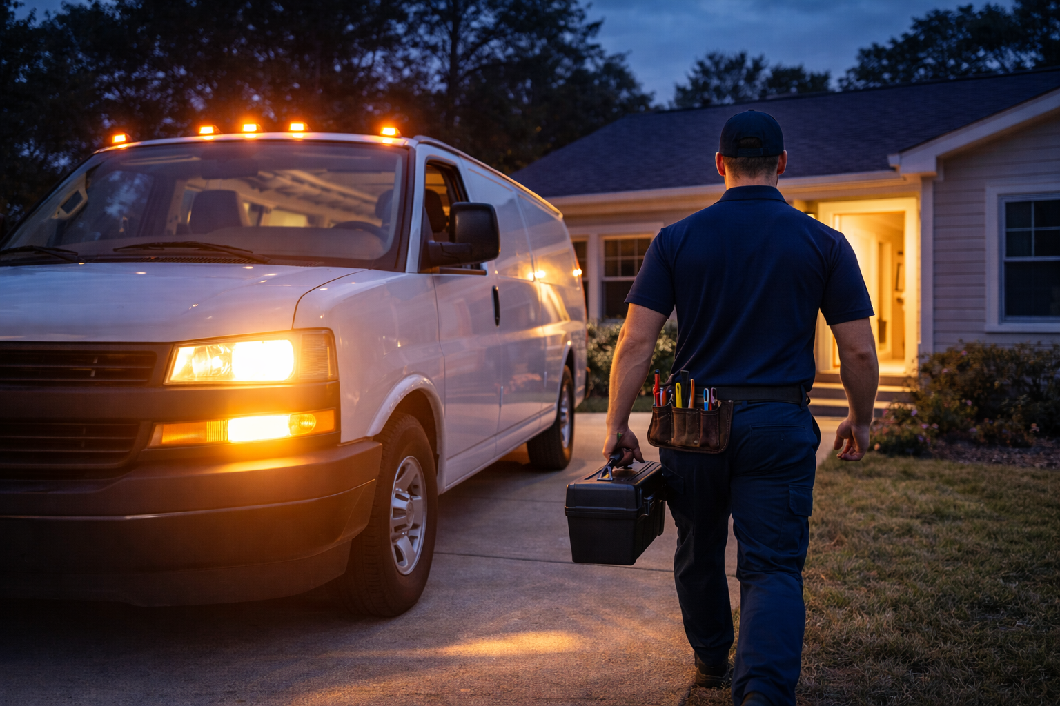 A technician with a toolbox walks towards a house at dusk, van parked in driveway, lights on.