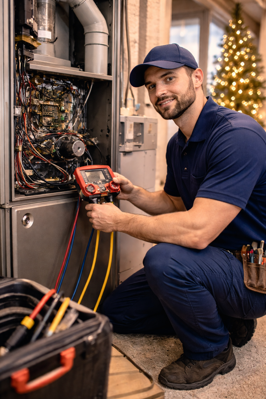 HVAC technician kneels, using a multimeter on a furnace, toolbox nearby. Background: Christmas tree, smiling.