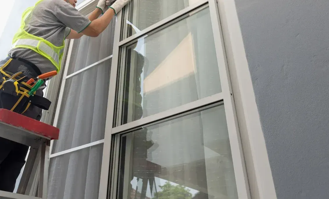 A person on a ladder, wearing gloves and a safety vest, cleans a tall, multi-pane window on an exterior wall.