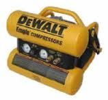 Yellow DeWalt air compressor with gauges and a carrying handle.