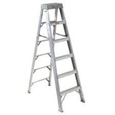 Silver step ladder, standing, against a white background.