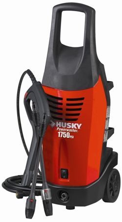 Red and black Husky 1750 PSI pressure washer with hose, nozzle, and handle for cleaning.