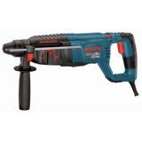 Blue and black Bosch rotary hammer drill with a side handle, red accents, and a power cord.