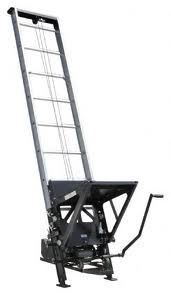 A black and silver material lift machine with a hand crank, used for lifting materials vertically.