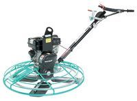 A gas-powered concrete power trowel with a rotating blade guard, used for smoothing concrete.