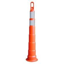 Orange and white traffic cone with a handle, used for road safety.