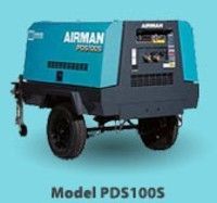 Blue and black Airman PDS100S portable air compressor on wheels.
