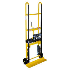 Yellow and black hand truck with a small platform and wheels.