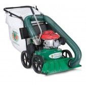 Green and red wheeled leaf vacuum with a white collection bag.