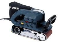Bosch belt sander, blue and black, with dust collection bag, for woodworking.