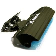 Black Bobcat attachment with blue brush head for cleaning surfaces.
