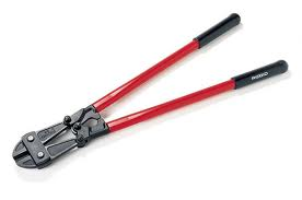 Red and black bolt cutters on a white surface, ready to cut bolts or wire.
