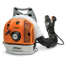 Orange and white STIHL backpack leaf blower with a black nozzle, on white background.